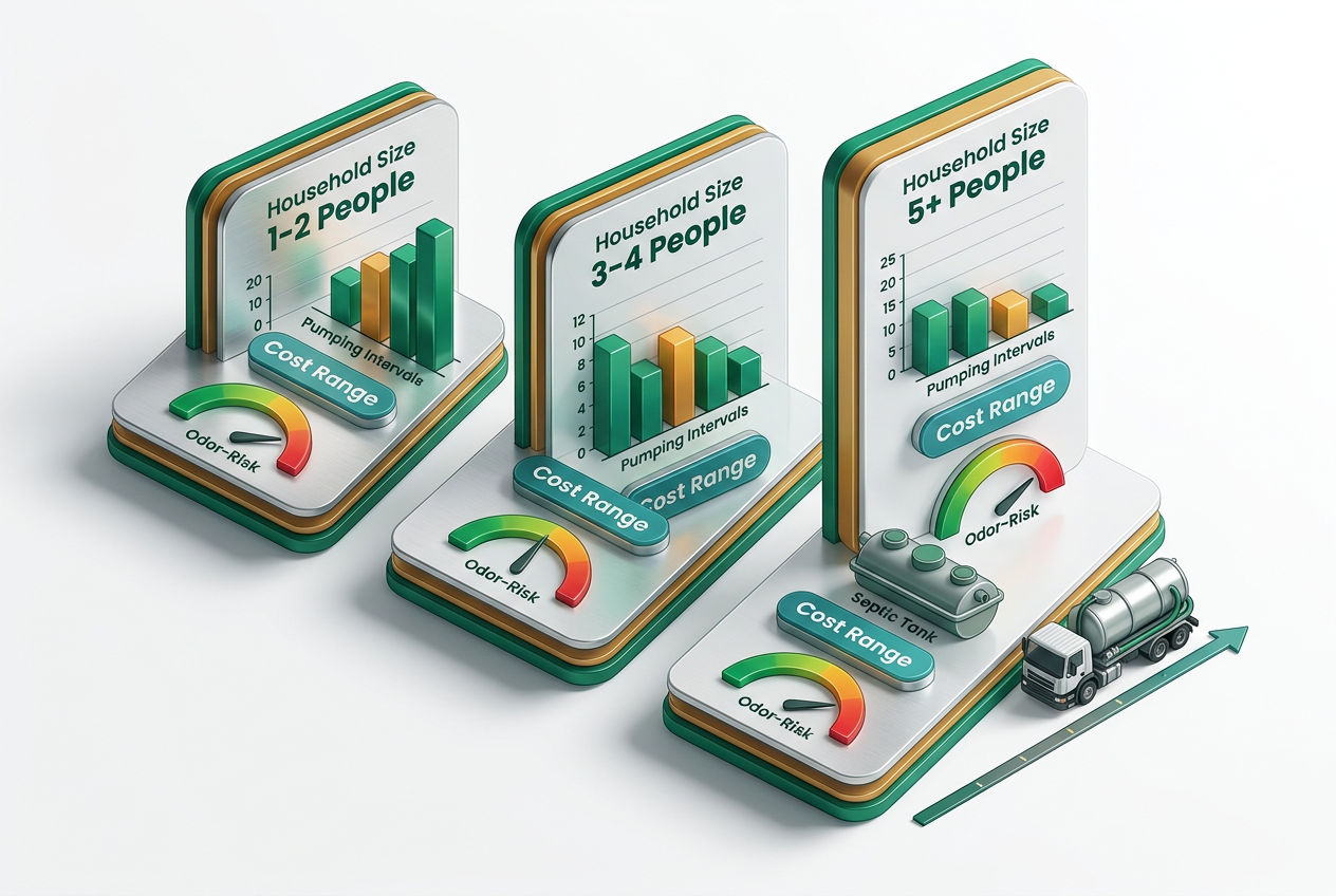 Infographic comparing septic pumping frequency by household size, with cost bars and odor-risk meter showing optimal 3-5 year pumping intervals.