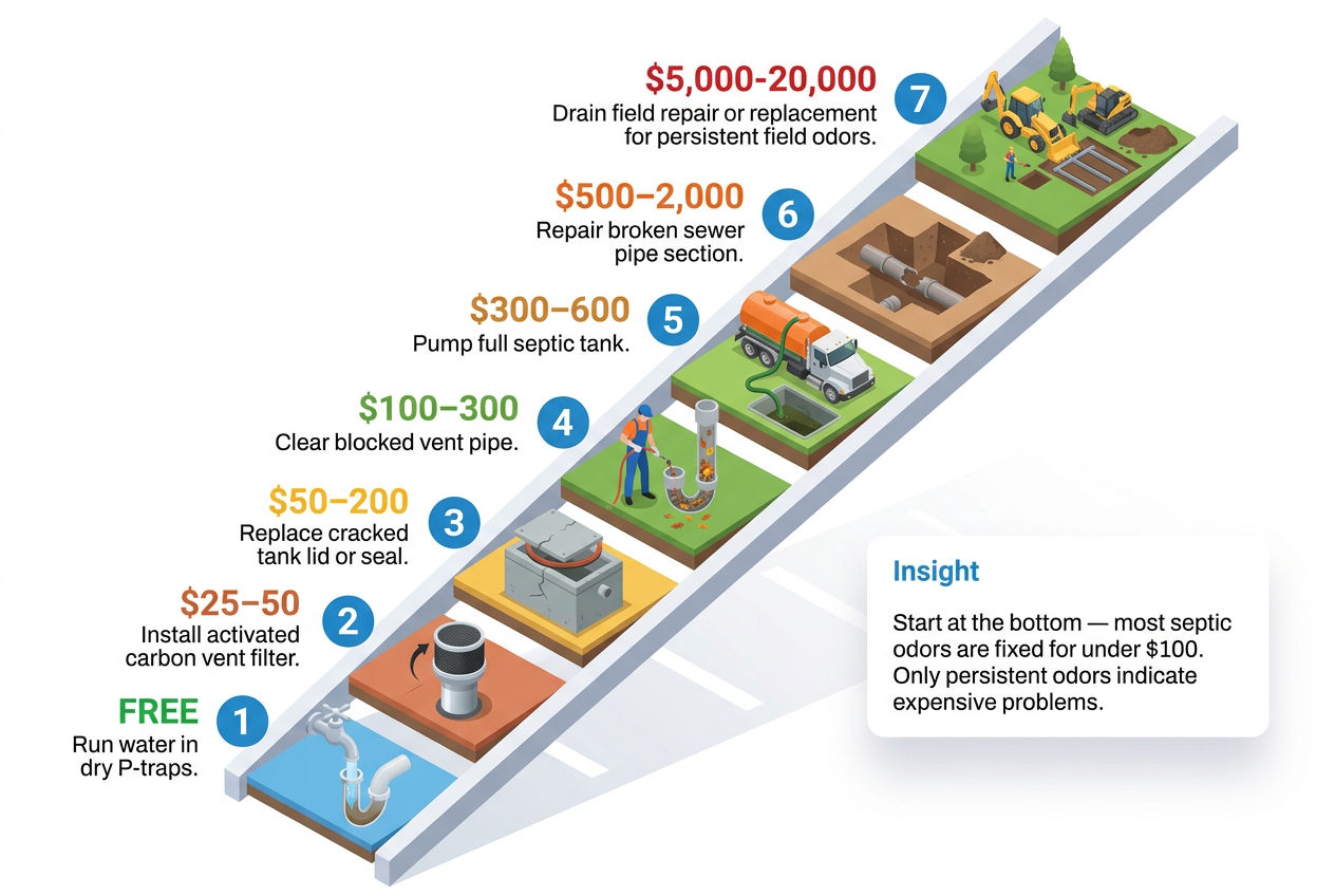 3D cost ladder showing septic odor repairs from free P-trap fixes to $20,000 drain field replacement