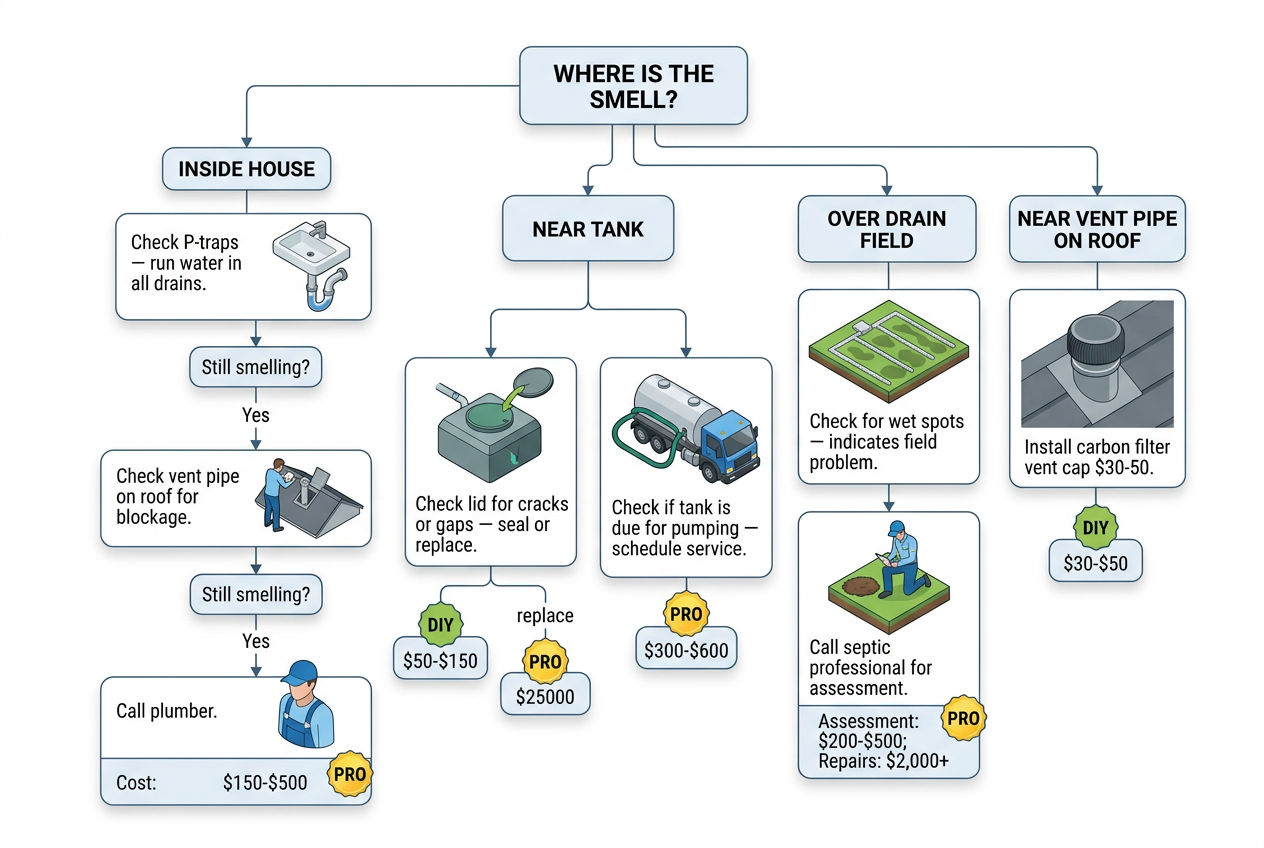 3D troubleshooting flowchart for diagnosing and fixing septic system odors by location