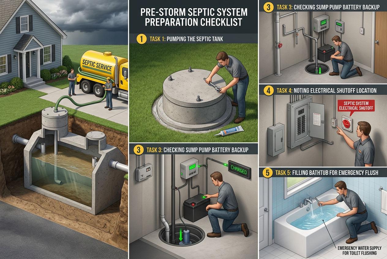 3D scene showing homeowner preparing septic system before a storm: pumping tank, sealing lid, checking backup power