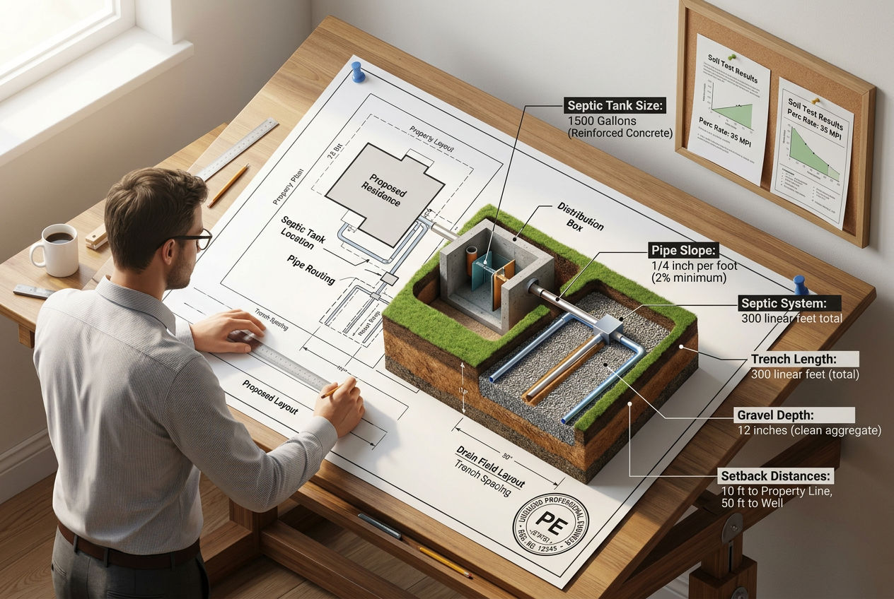 3D scene showing septic system design on blueprint transforming into 3D visualization with specifications and PE stamp