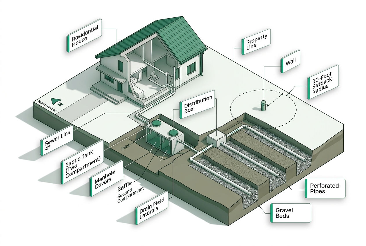 3D aerial view of a complete septic system design layout with setbacks