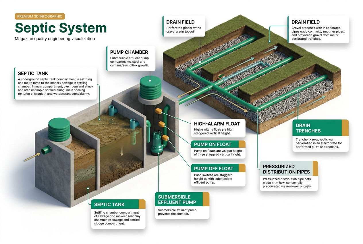 3D isometric cutaway diagram labeling septic tank, pump chamber, float switches, effluent pump, and drain field pipes.