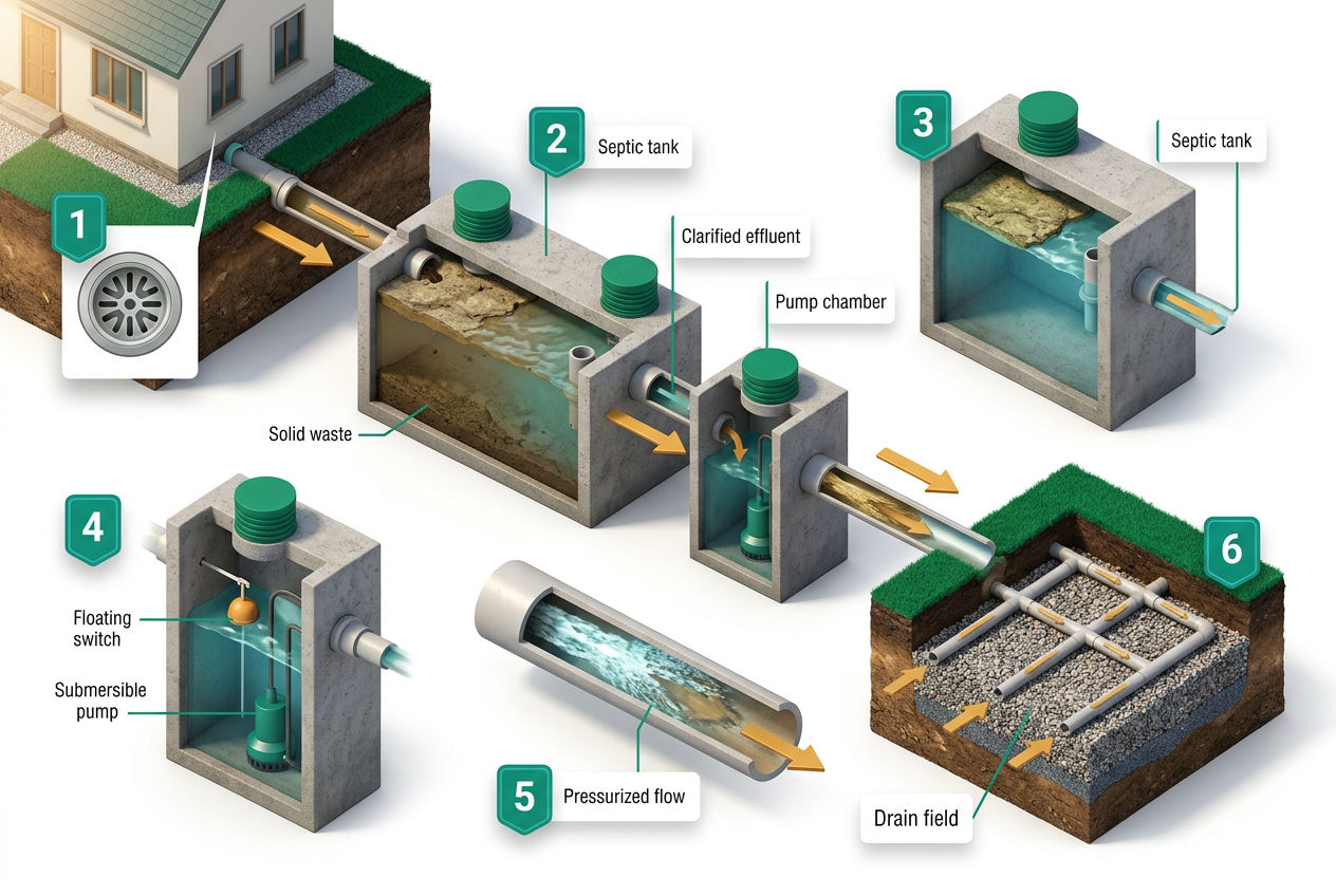 Six-step isometric flow diagram showing wastewater journey from house drain through septic tank, pump chamber, and drain field.