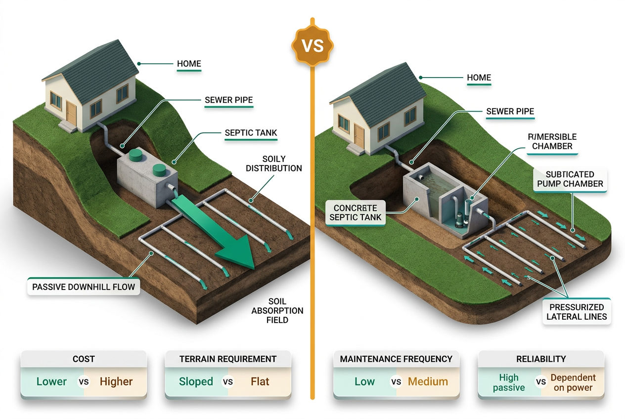 Side-by-side isometric comparison panel showing gravity-fed septic system on sloped terrain versus pumped system on flat lot.