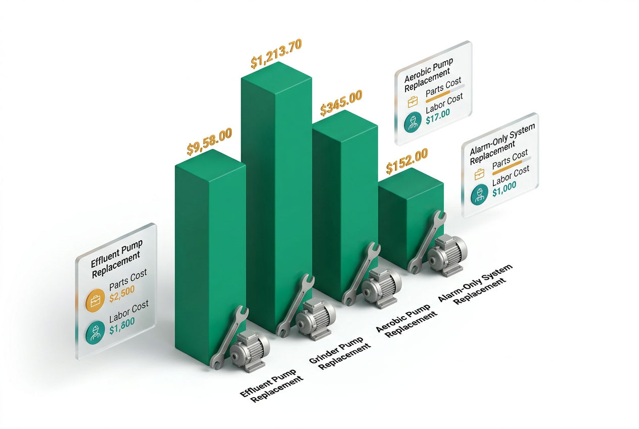 Isometric bar chart comparing septic pump replacement costs by pump type with floating breakdown cards for parts and labor.