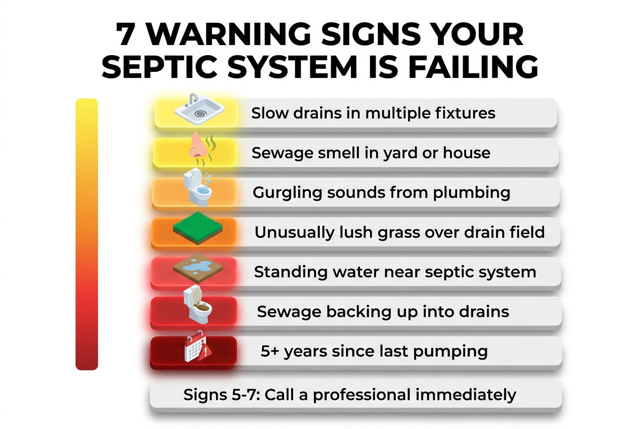 3D isometric visual checklist of seven warning signs of septic system failure ranked by severity from slow drains to sewage backup