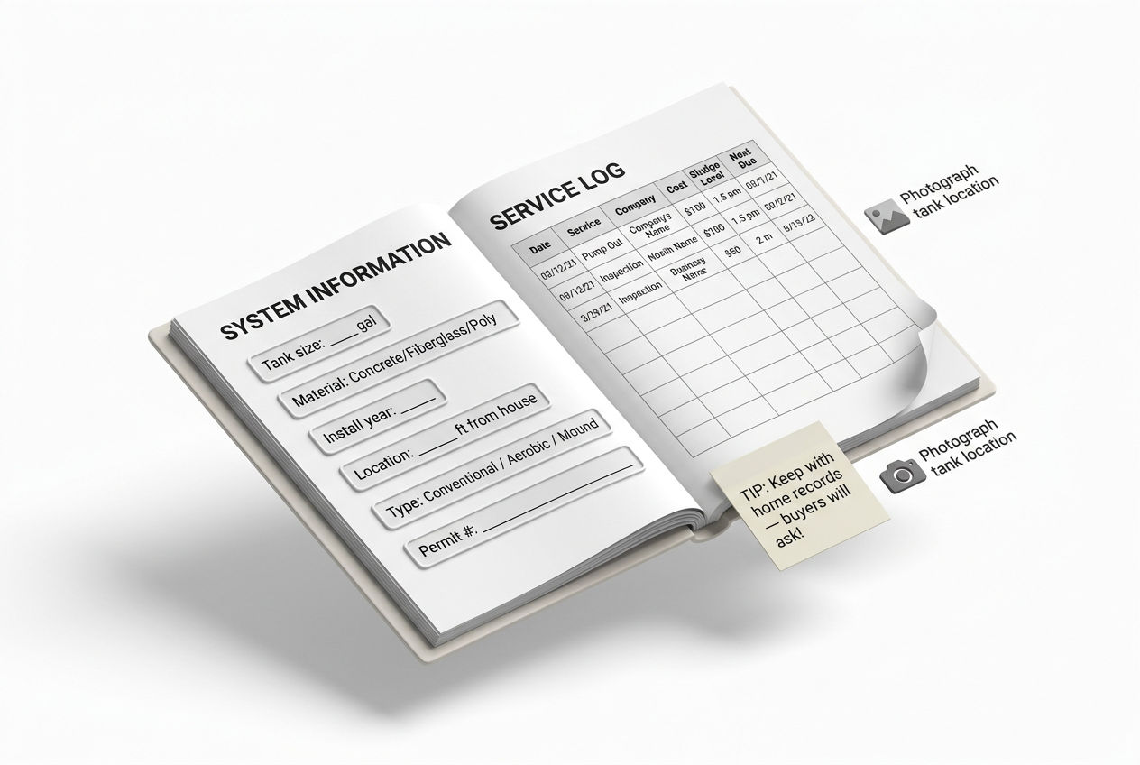 3D isometric visual template showing essential septic system documentation including system information fields and service log table