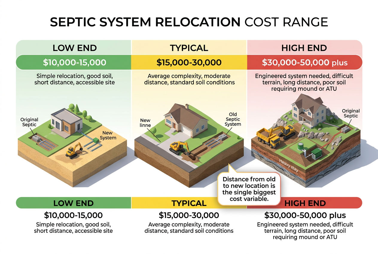 3D cost spectrum showing septic system relocation costs from $10,000 simple to $50,000 plus complex