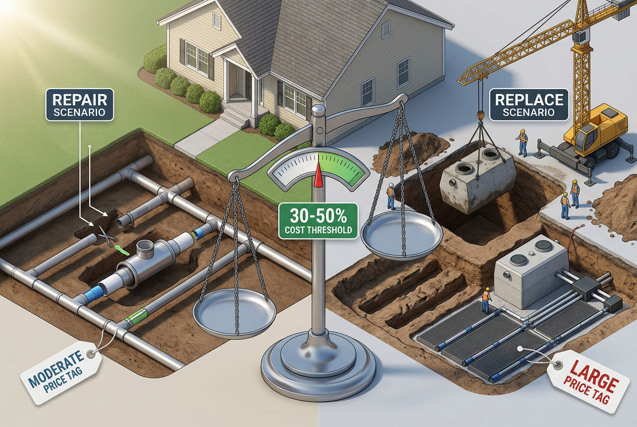 3D comparison showing septic system repair of single component versus full system replacement with cost balance scale