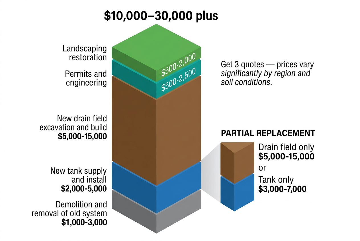 3D stacked cost breakdown for full septic system replacement totaling $10,000-30,000 plus