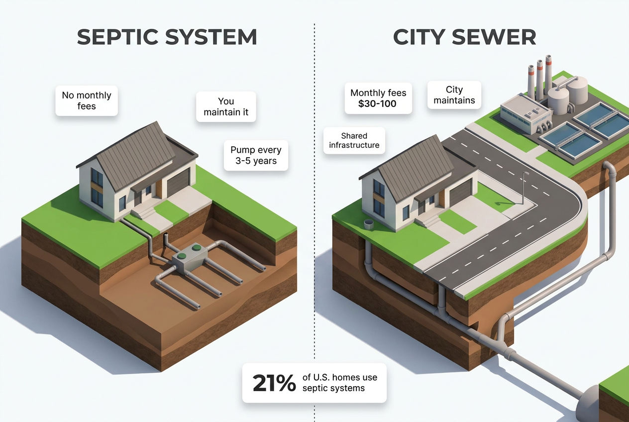 3D isometric comparison showing septic system on homeowner property versus city sewer connection to municipal treatment plant
