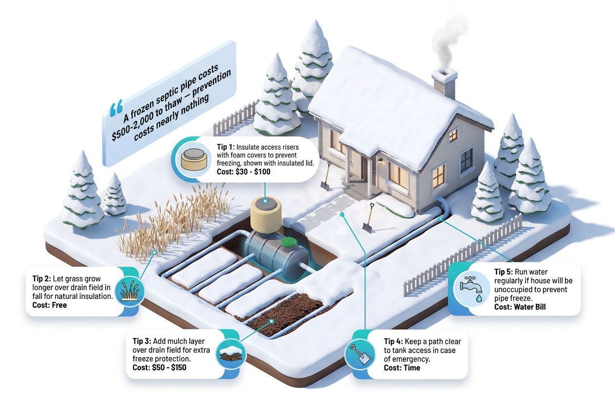 3D winter property scene showing five septic system winterization tips from insulating risers to mulching
