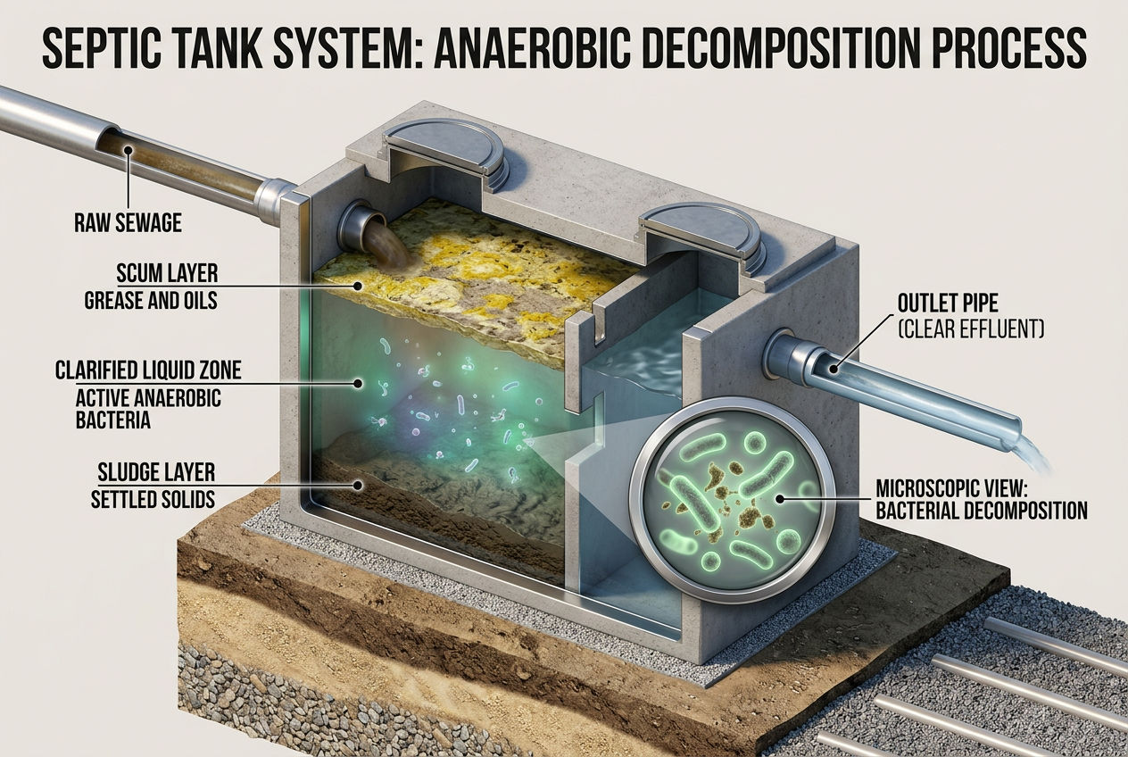 3D cutaway showing three zones inside a septic tank where bacteria break down waste into scum, liquid, and sludge layers
