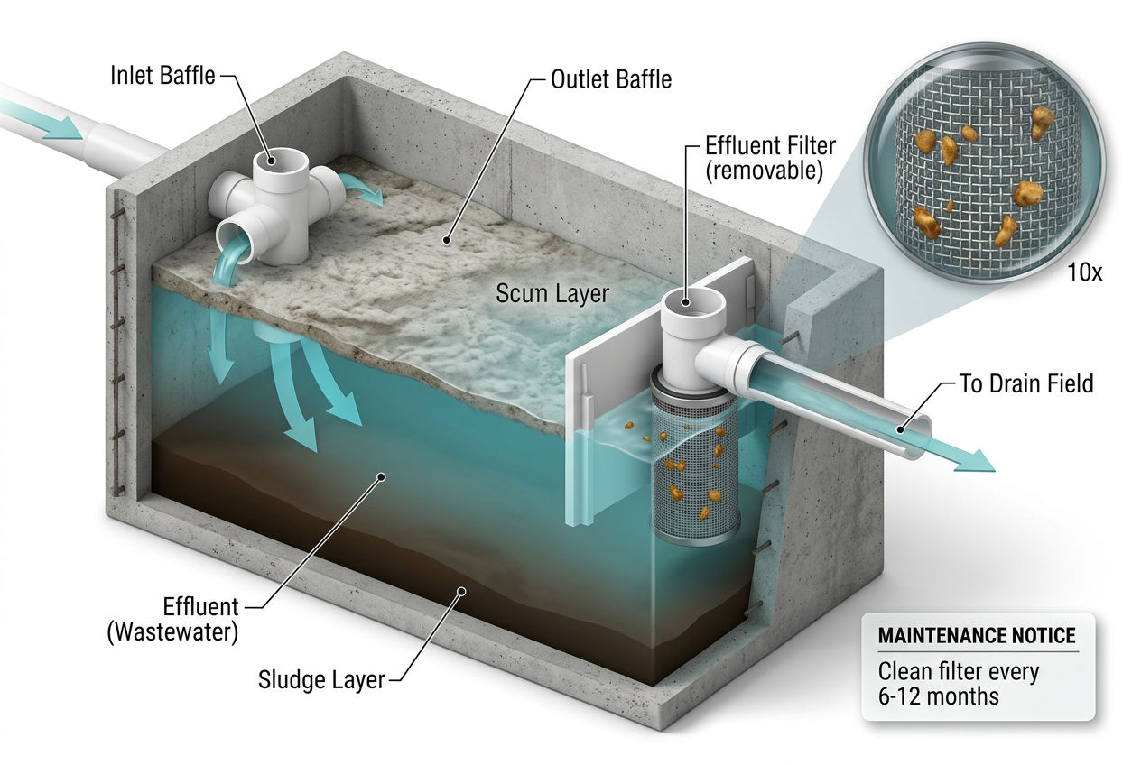 3D isometric cutaway showing septic tank inlet baffle, outlet baffle, and removable effluent filter with flow direction arrows