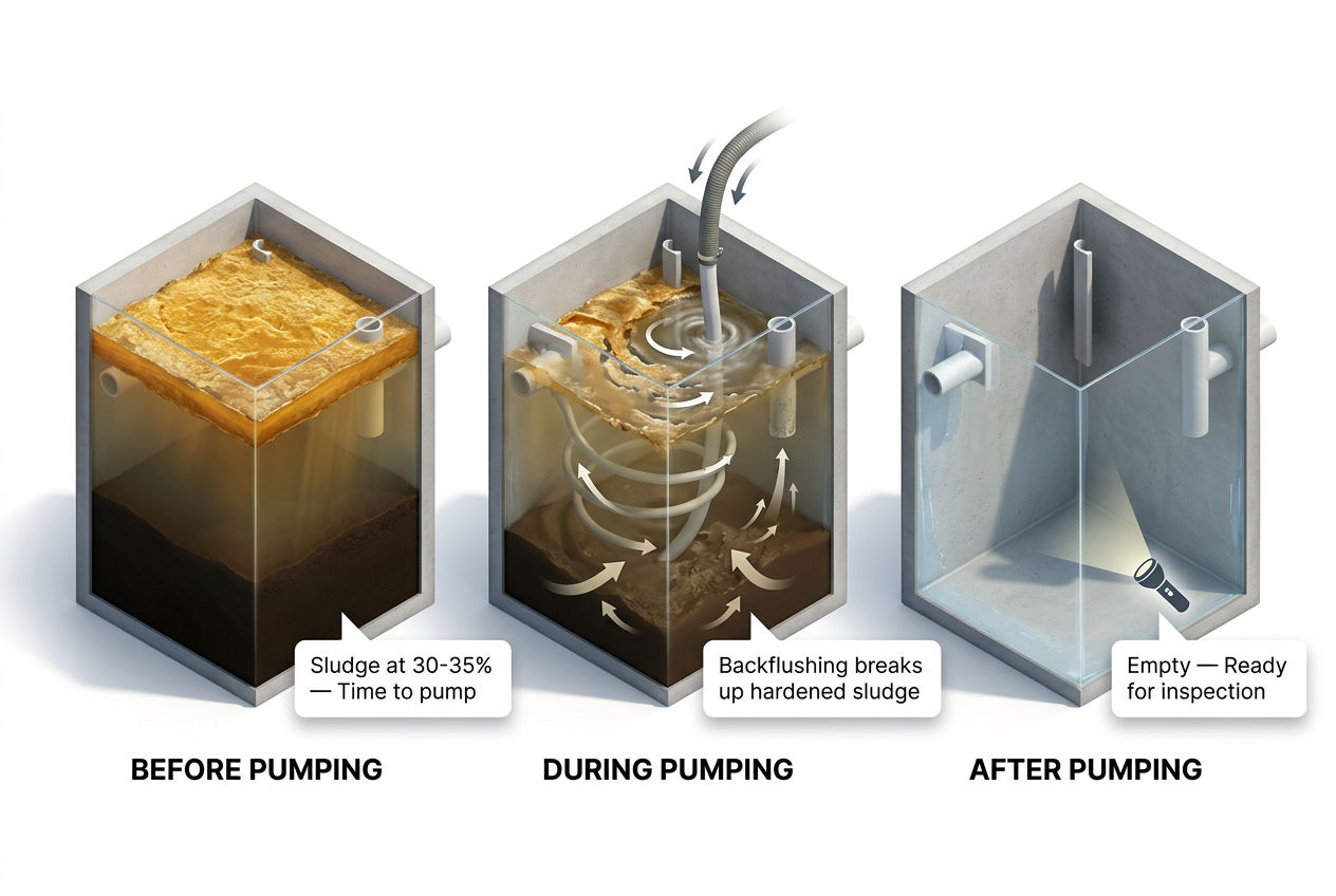 3D three-stage visualization showing septic tank contents before pumping, during backflushing, and after complete emptying