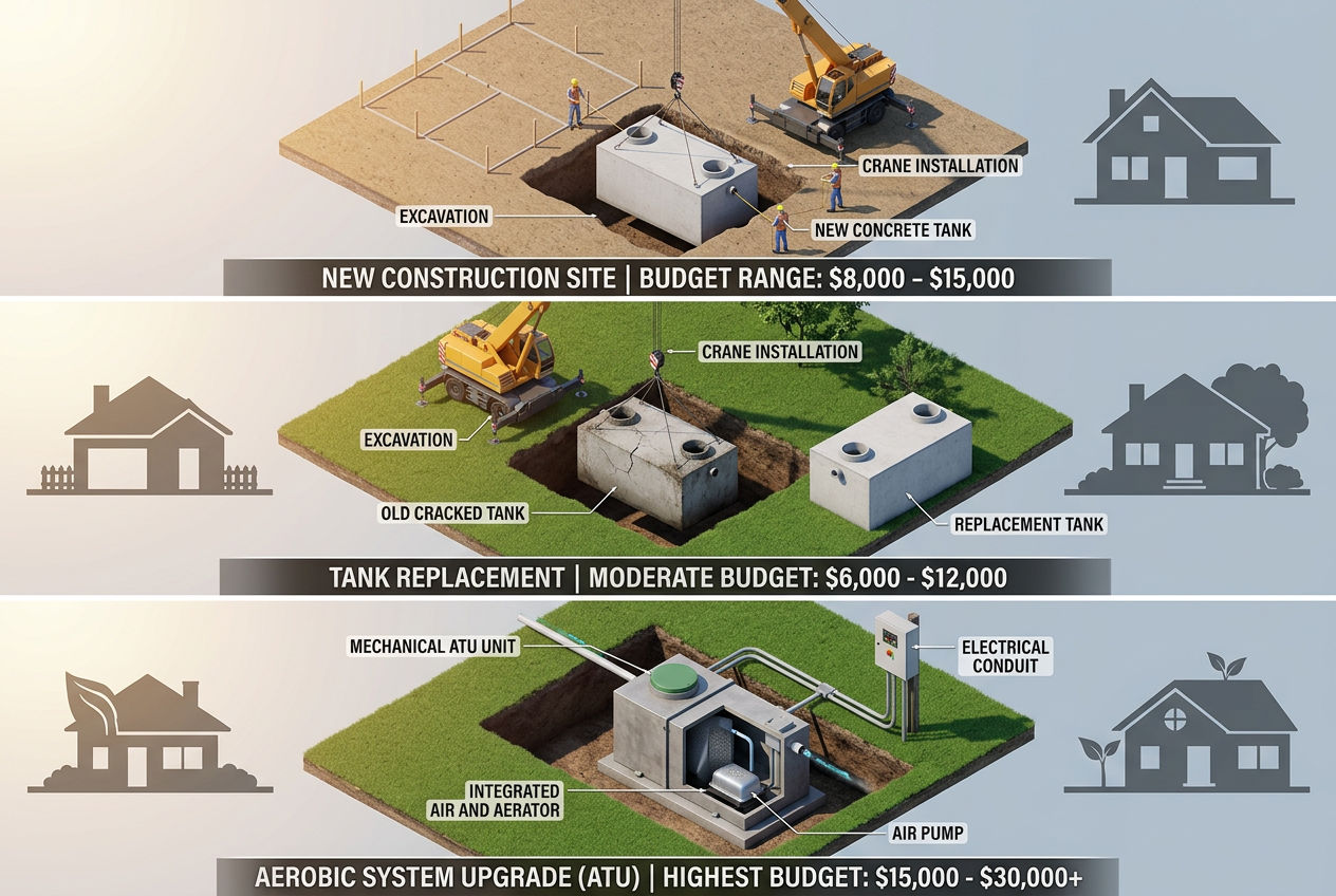 Three septic tank budgeting scenarios for new construction tank replacement and aerobic system upgrade with cost ranges