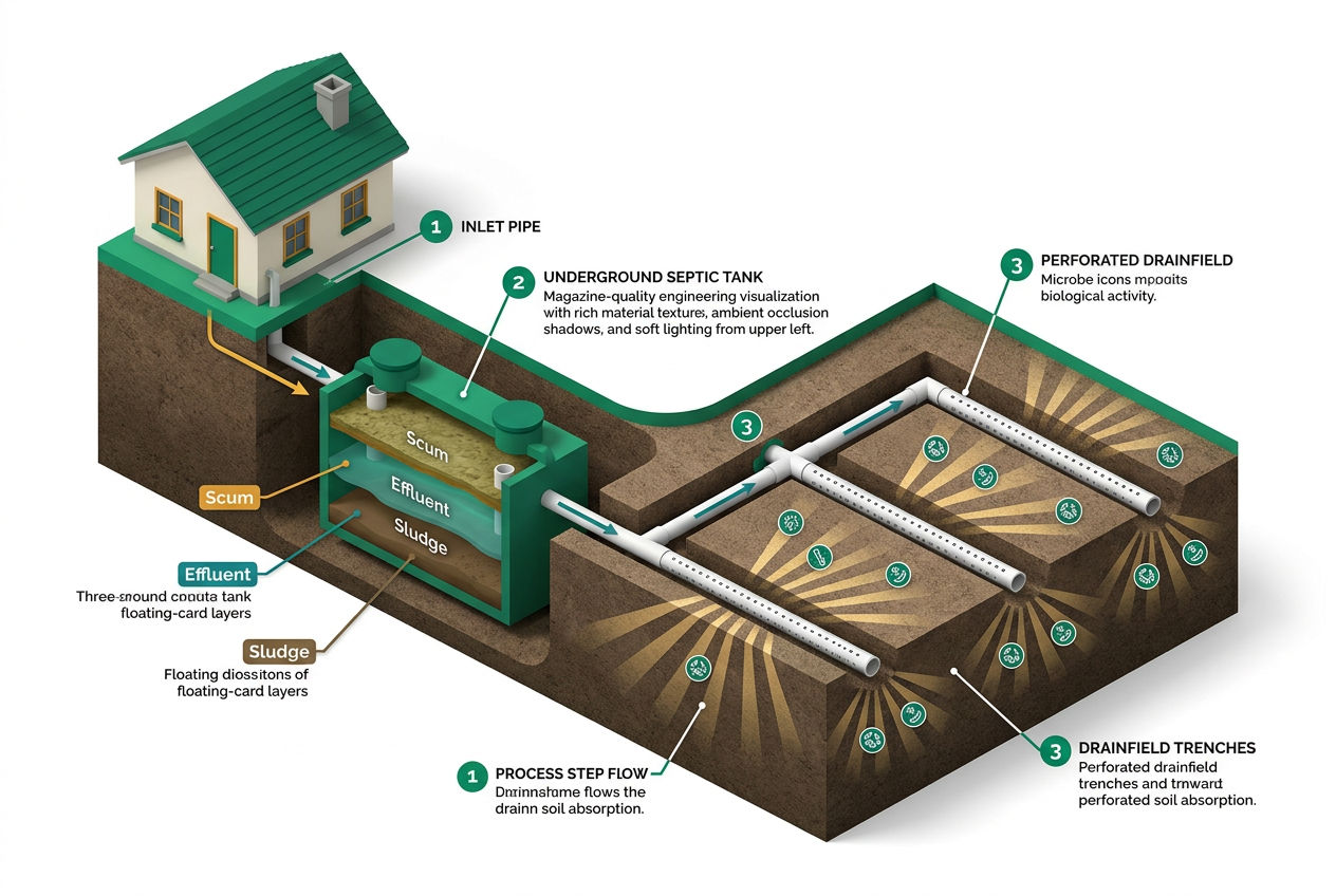 3D isometric cutaway showing wastewater flowing from house through inlet pipe into septic tank layers, then to drainfield.
