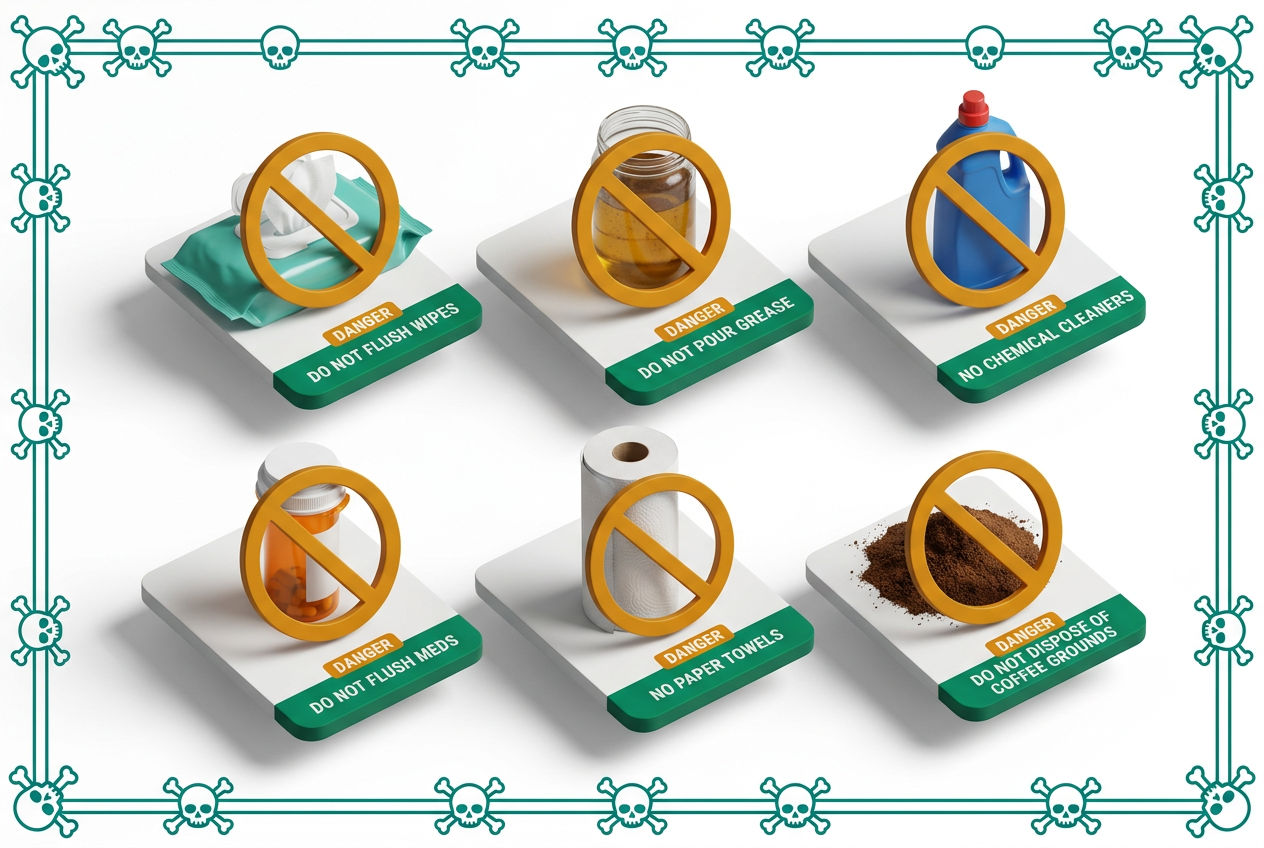 Isometric forbidden-items grid showing wipes, grease, bleach, medications, and paper towels with red prohibition icons.