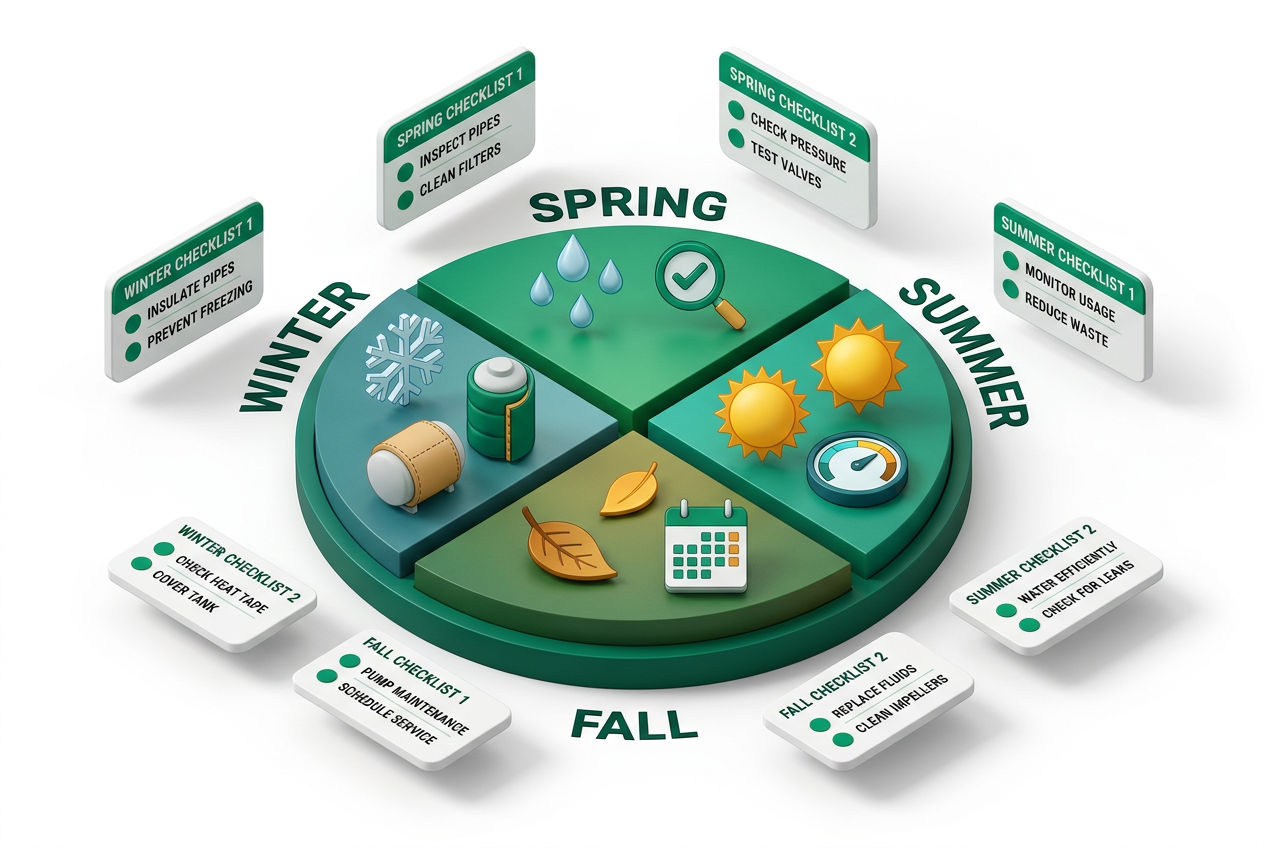 Isometric four-quadrant seasonal maintenance wheel with spring, summer, fall, and winter septic care checklists and icons.