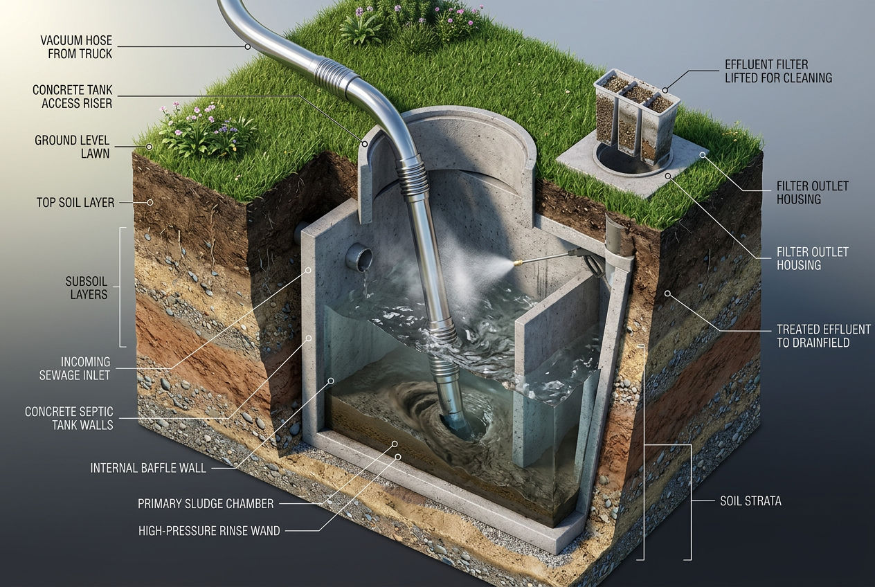 3D isometric cutaway of a septic tank being cleaned with vacuum hose, wall rinsing, and effluent filter service