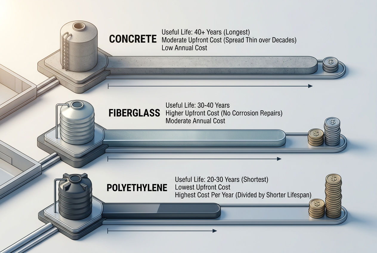 3D timeline comparison showing cost per year of useful life for concrete, fiberglass, and polyethylene septic tanks