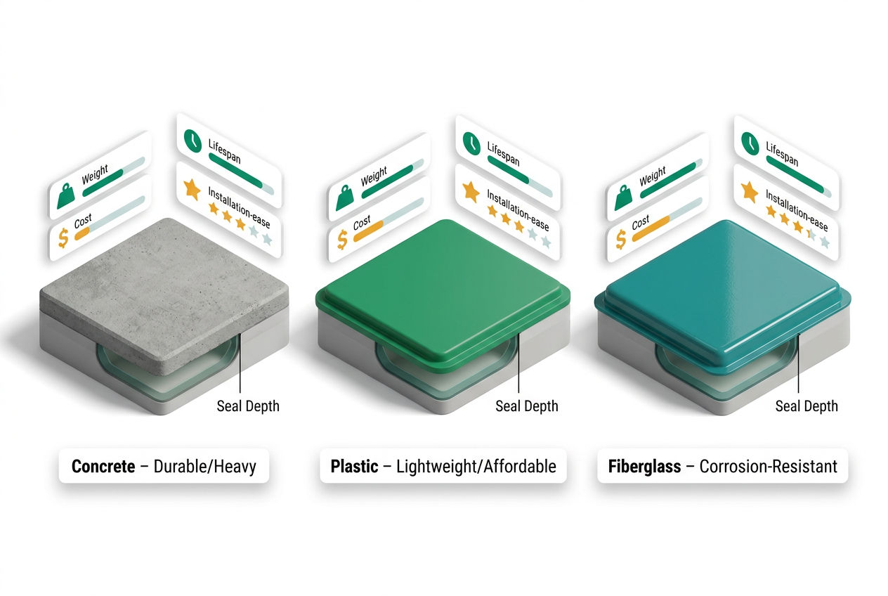 3D isometric comparison of concrete, plastic, and fiberglass septic tank covers with material labels and pros/cons floating cards.