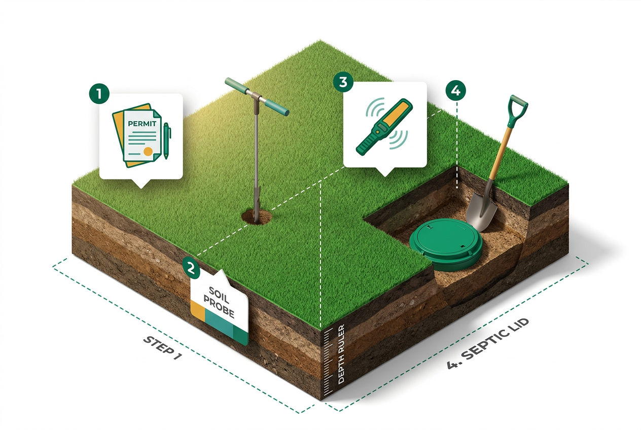 Isometric yard cutaway showing 4-step process: checking permits, probing soil, using a metal detector, and digging to reveal a buried septic cover.