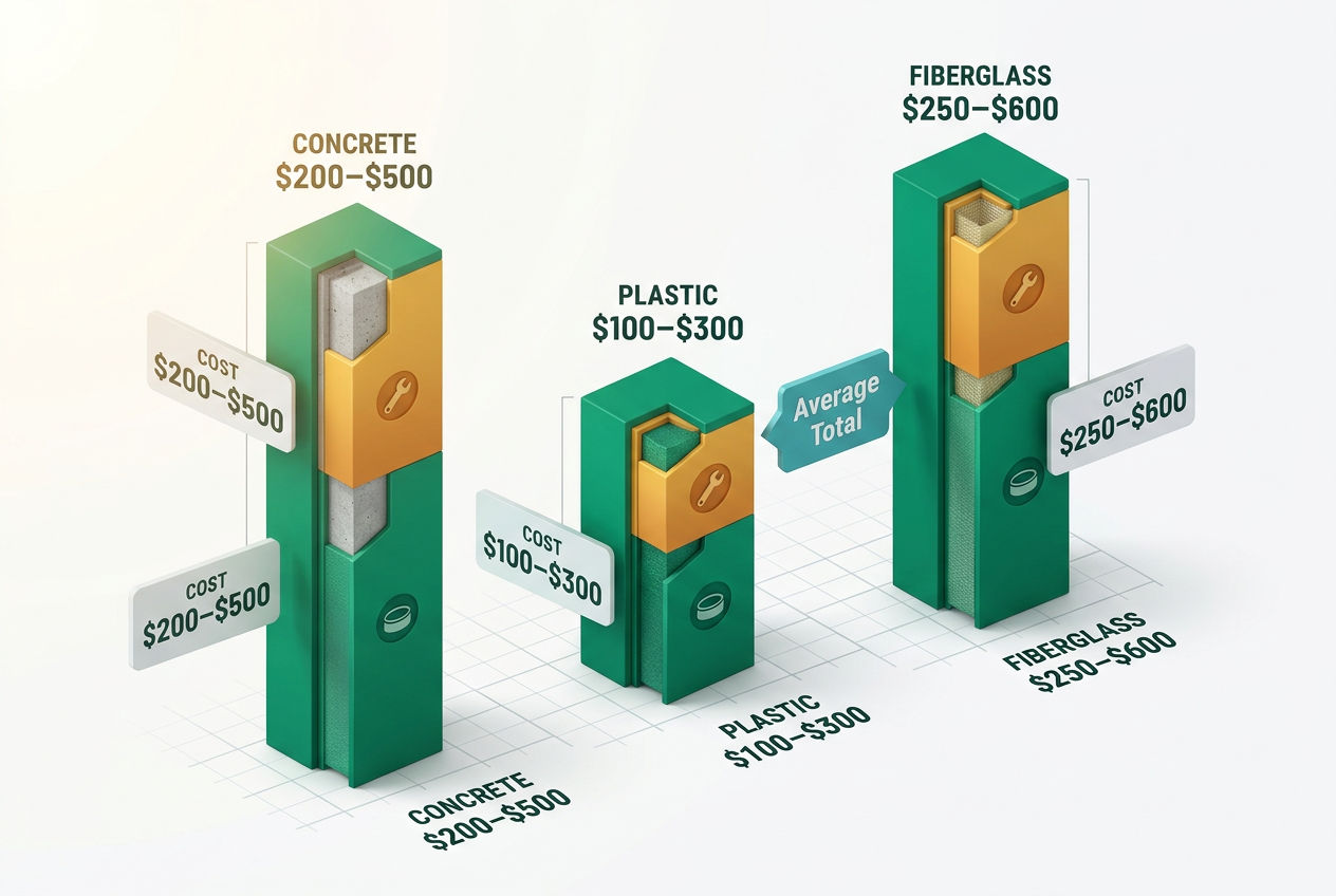 Isometric bar chart comparing septic cover replacement costs for concrete, plastic, and fiberglass with labor and materials cost segments.