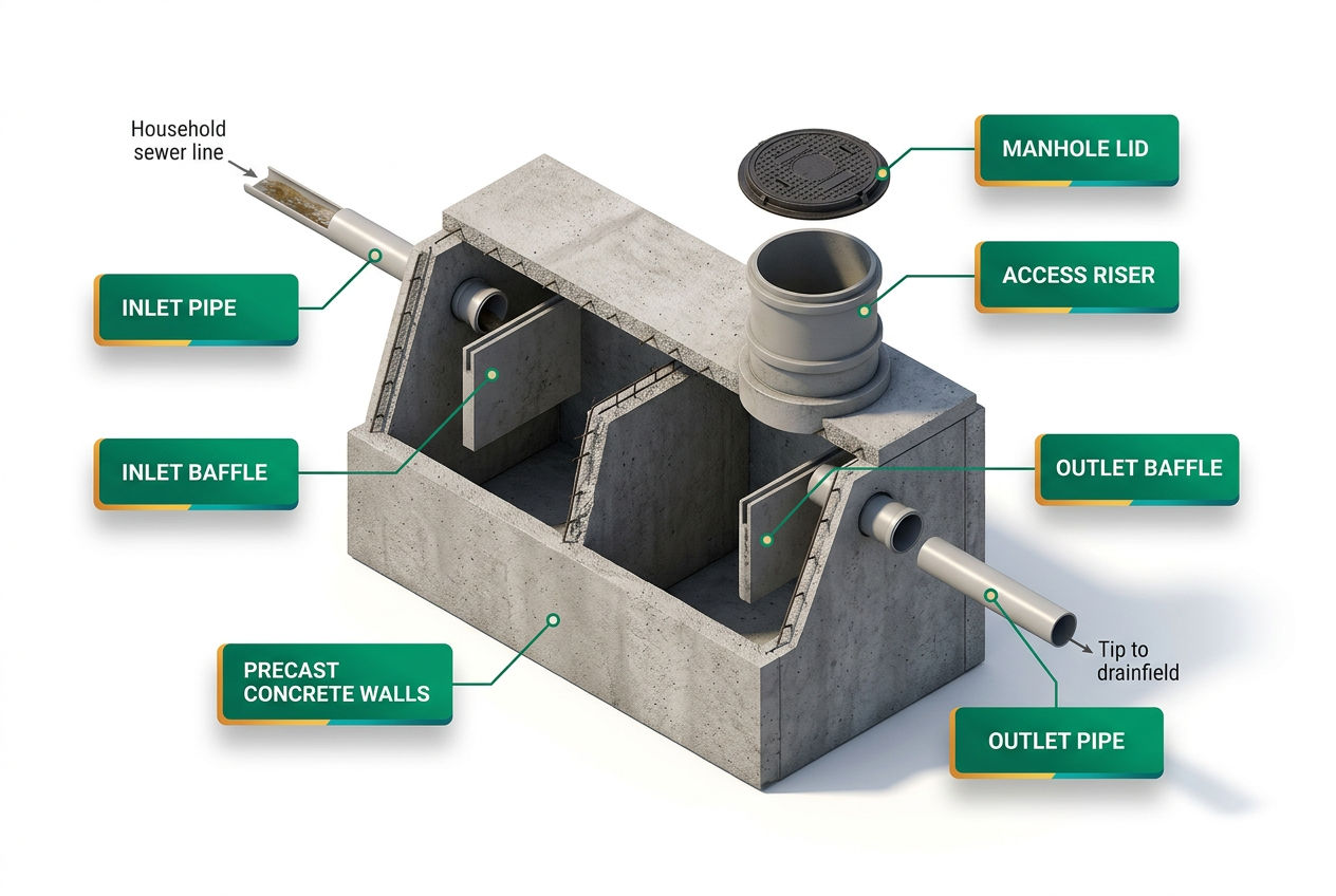 3D isometric cutaway of a septic tank with labeled parts: inlet pipe, outlet pipe, baffles, lid, access risers, and tank walls.