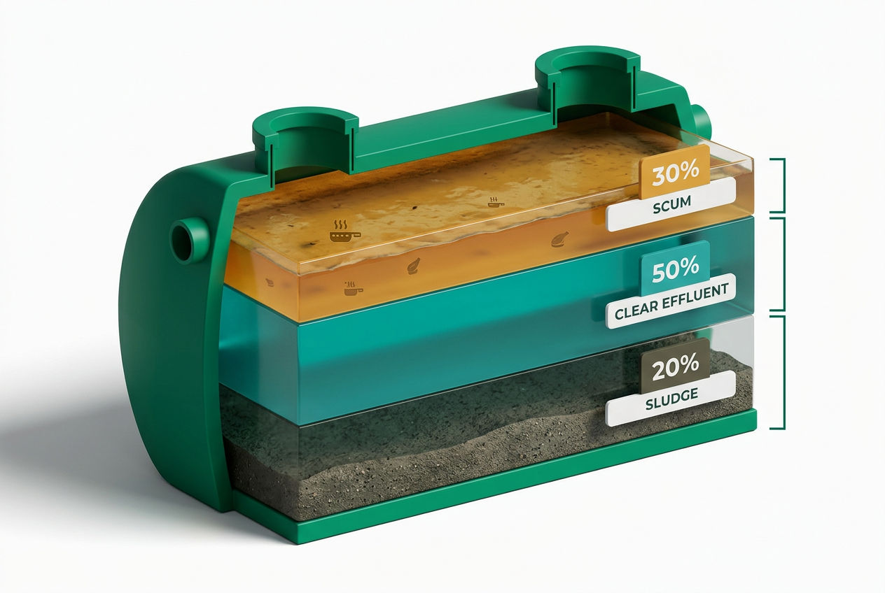 Isometric cross-section showing septic tank's three internal layers: floating scum layer on top, clear effluent middle zone, and settled sludge bottom