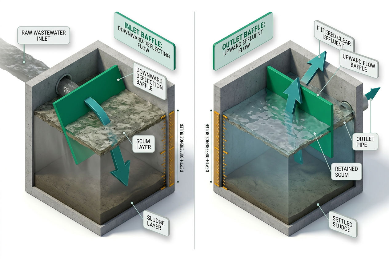 Side-by-side isometric comparison of septic tank inlet baffle versus outlet baffle showing flow direction, pipe depth, and effluent filtering differen