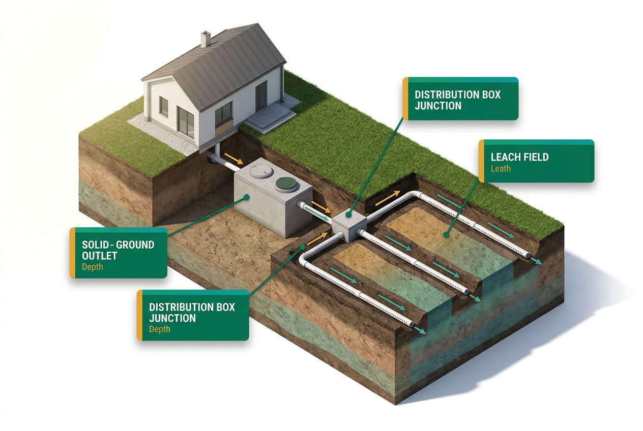 Isometric aerial site diagram showing full septic system: house connection, septic tank, distribution box, and drain field leach lines underground.