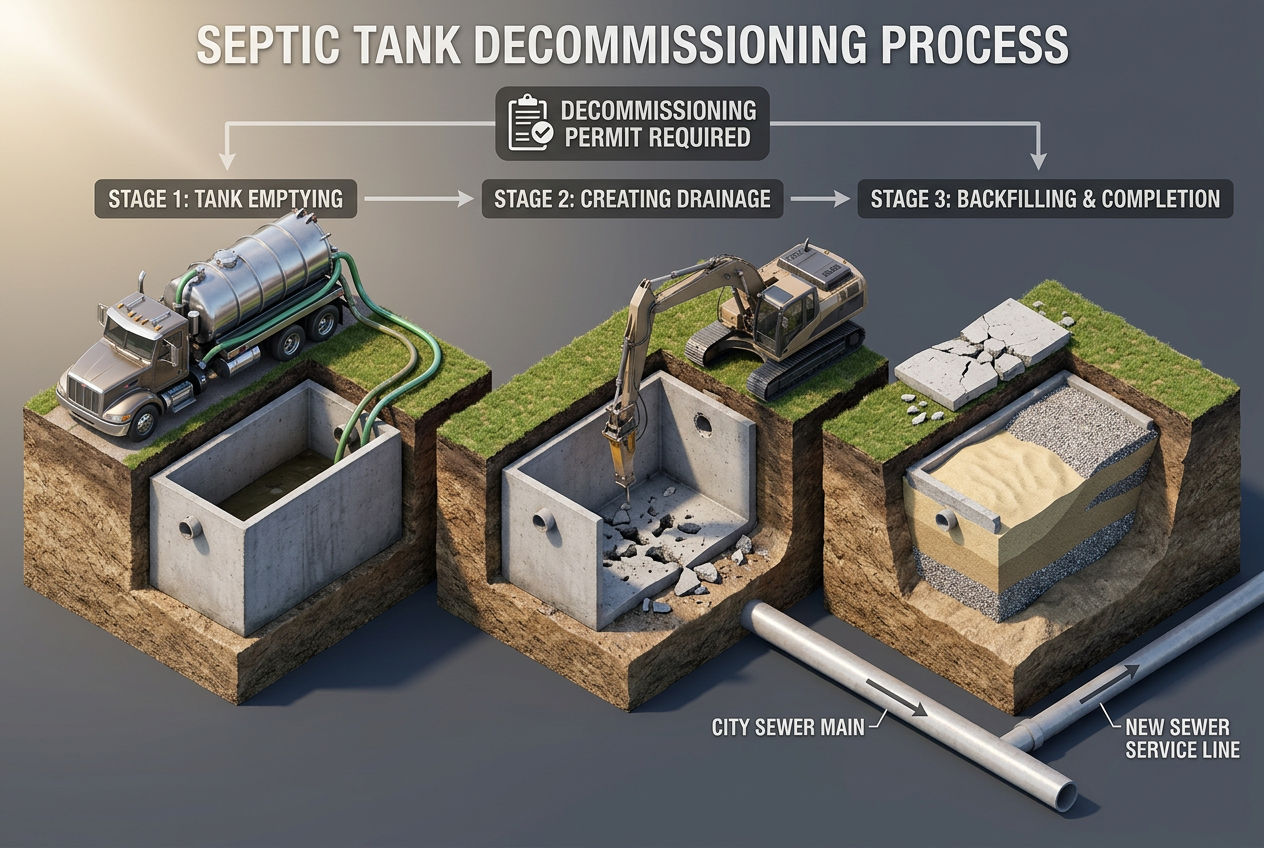 3D three-stage visualization showing septic tank decommissioning: pumping, breaking the bottom, and filling with sand
