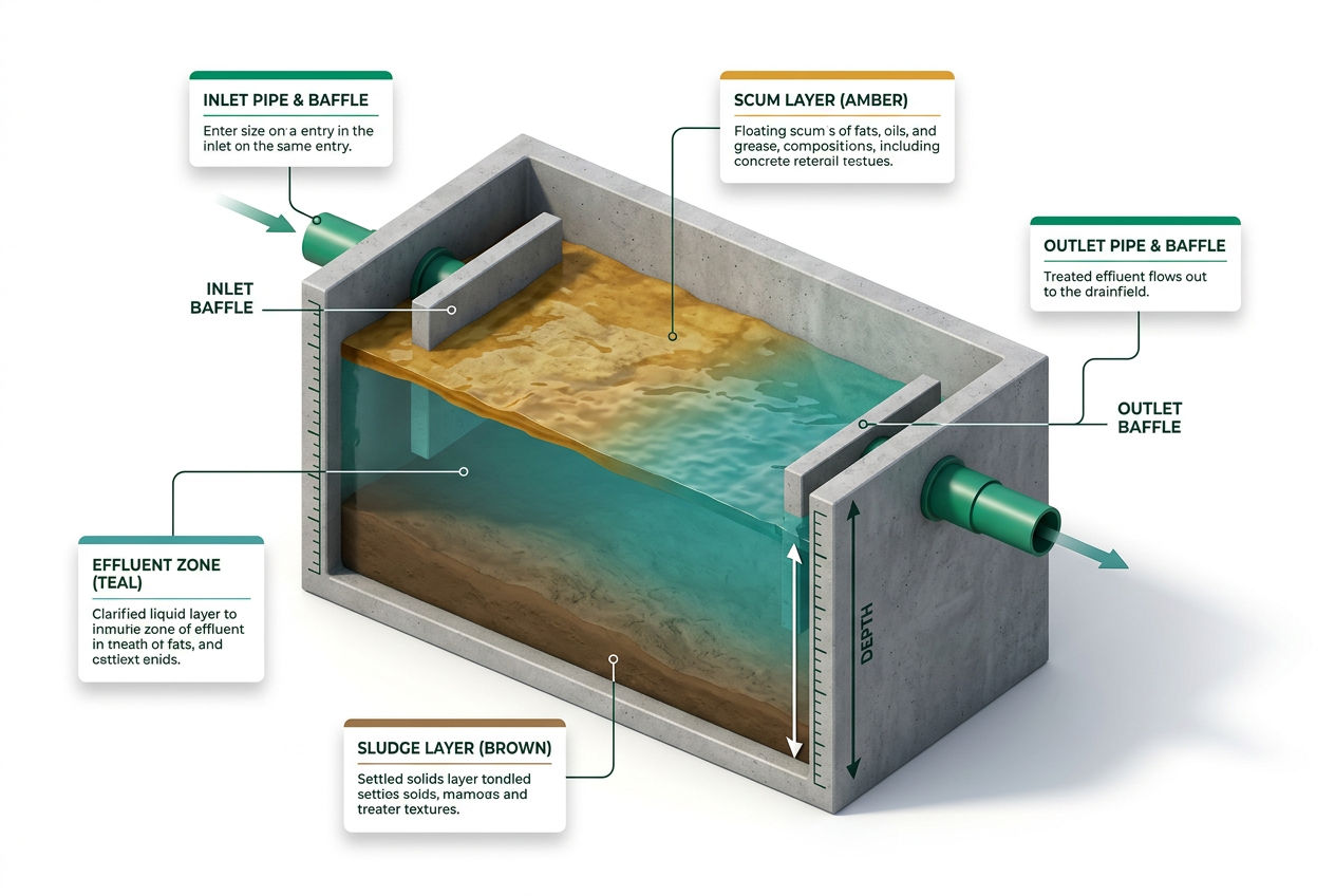 3D isometric cutaway of a septic tank showing inlet, outlet, baffles, scum layer, effluent zone, and sludge layer with labeled depth arrows.
