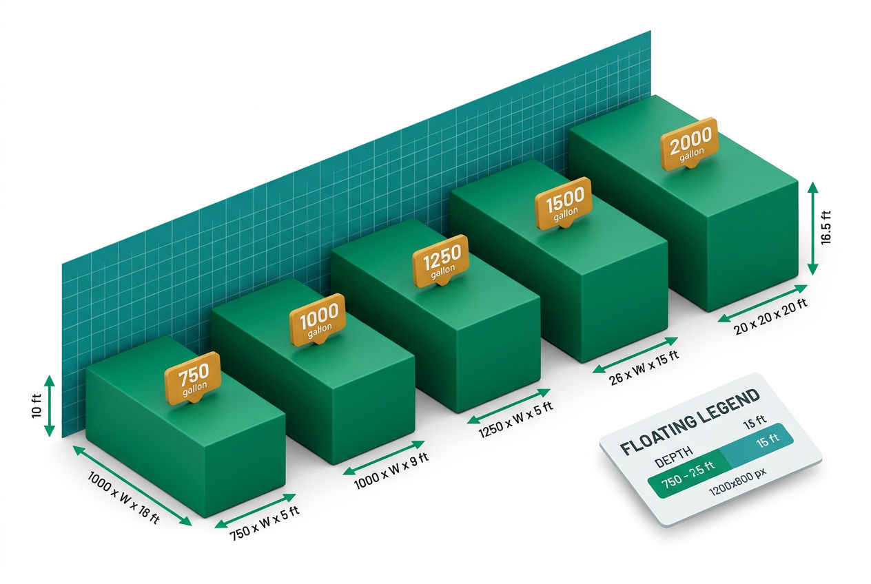 Isometric bar chart comparing septic tank sizes from 750 to 1500 gallons with length, width, and depth dimensions labeled per tank.