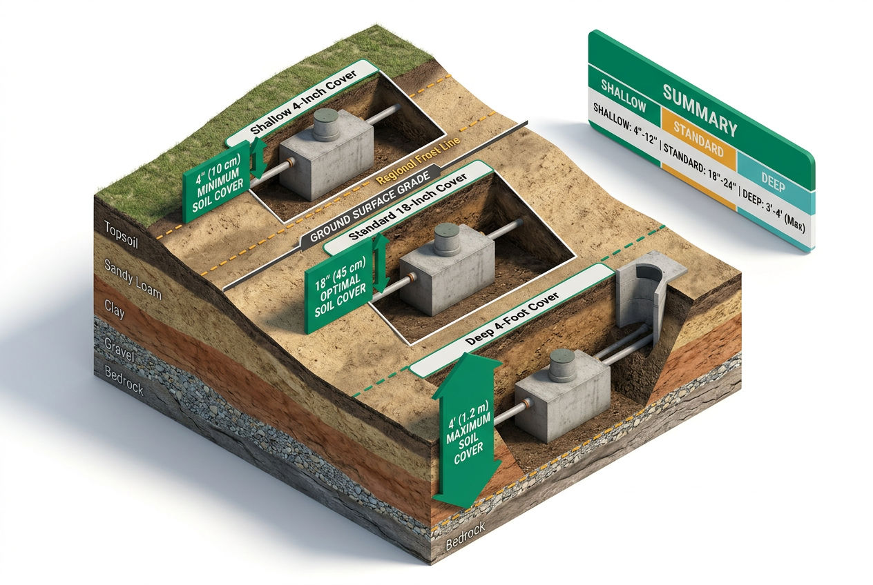 Isometric soil cross-section showing septic tank buried at varying depths from 4 inches to 4 feet with frost line and grade surface labeled.