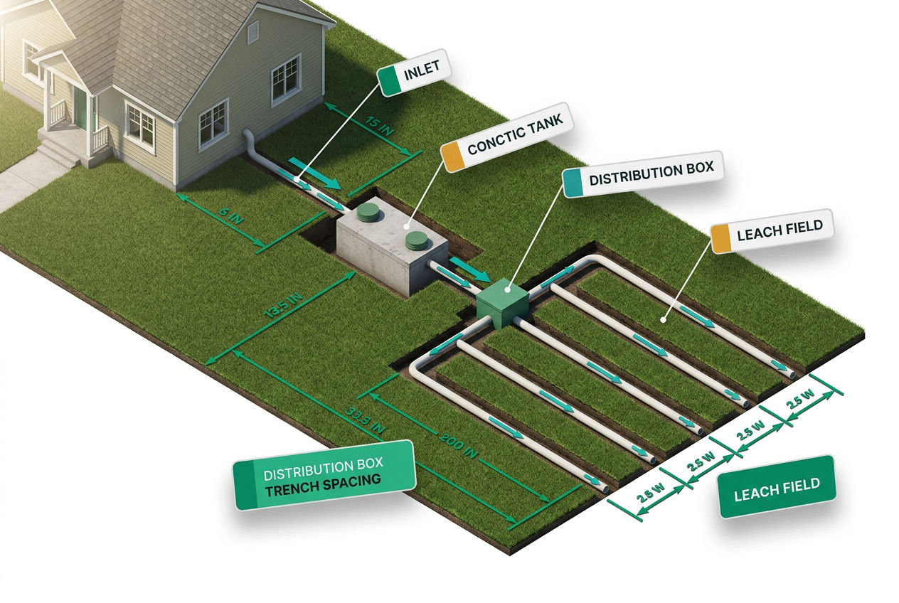 Isometric aerial layout of full septic system showing house connection, distribution box, septic tank, and drain field leach lines with spacing dimens
