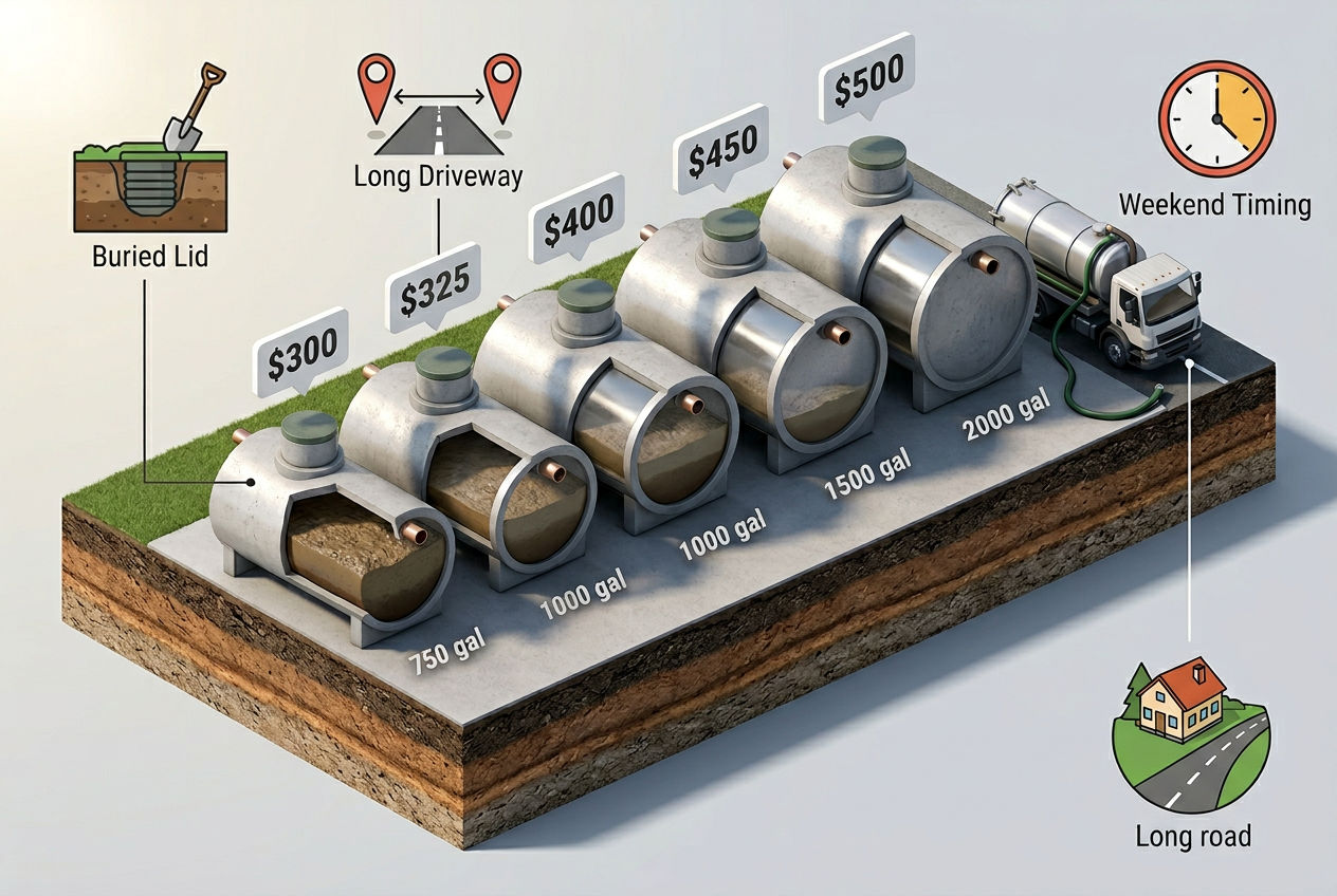 3D isometric comparison of septic tank emptying costs for five tank sizes from 750 to 2000 gallons with price indicators