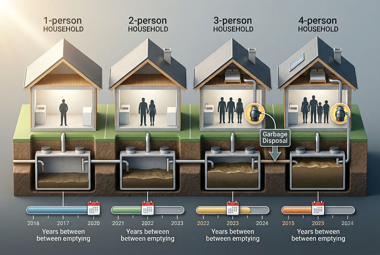 3D isometric chart showing septic tank emptying frequency by household size with sludge accumulation timelines