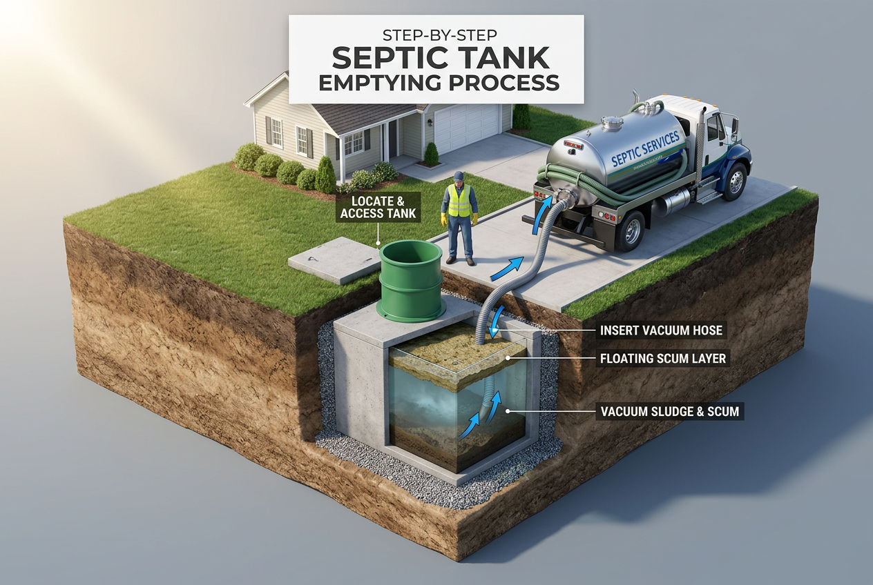 3D isometric diagram showing septic tank emptying process with vacuum truck suctioning sludge from cross-section tank