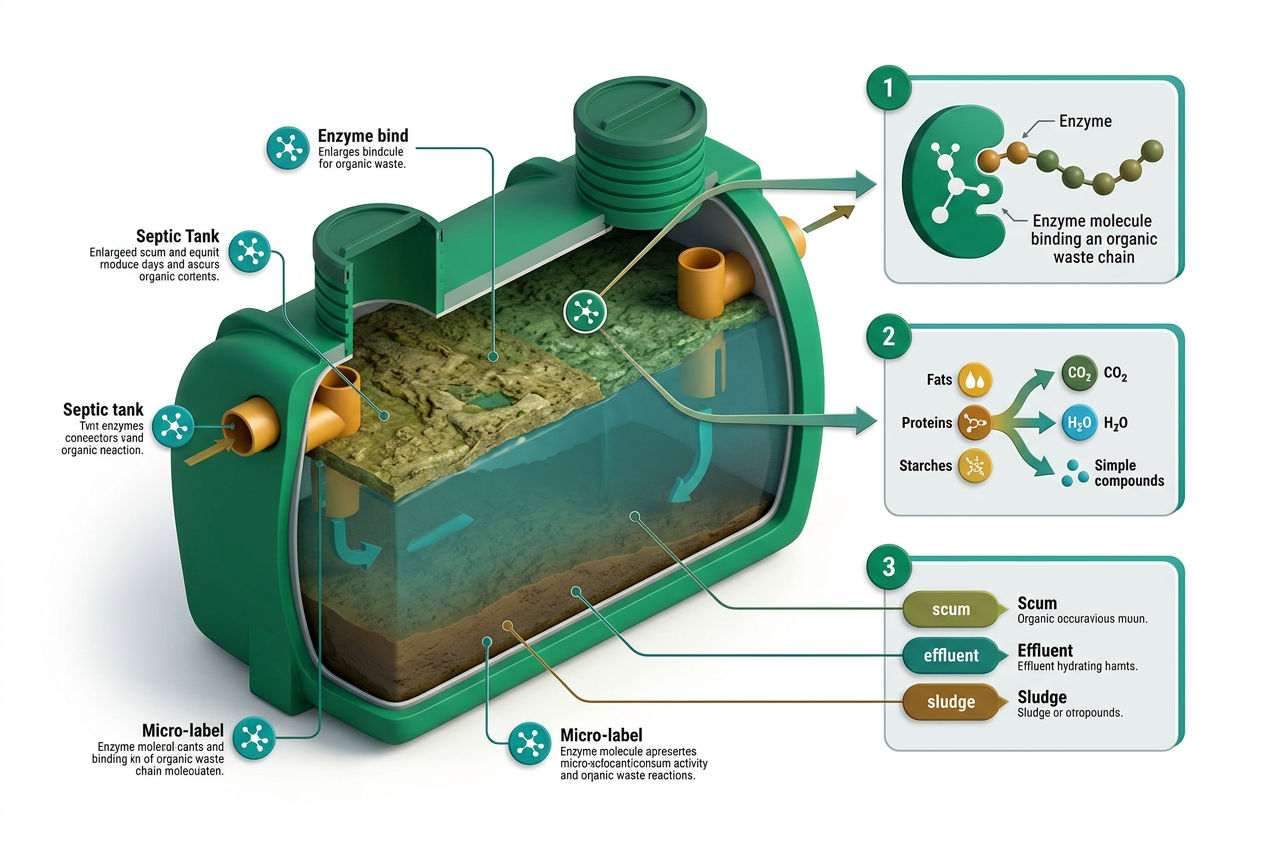 3D isometric cutaway of a septic tank showing enzyme molecules breaking down organic waste into water, CO2, and simple compounds.