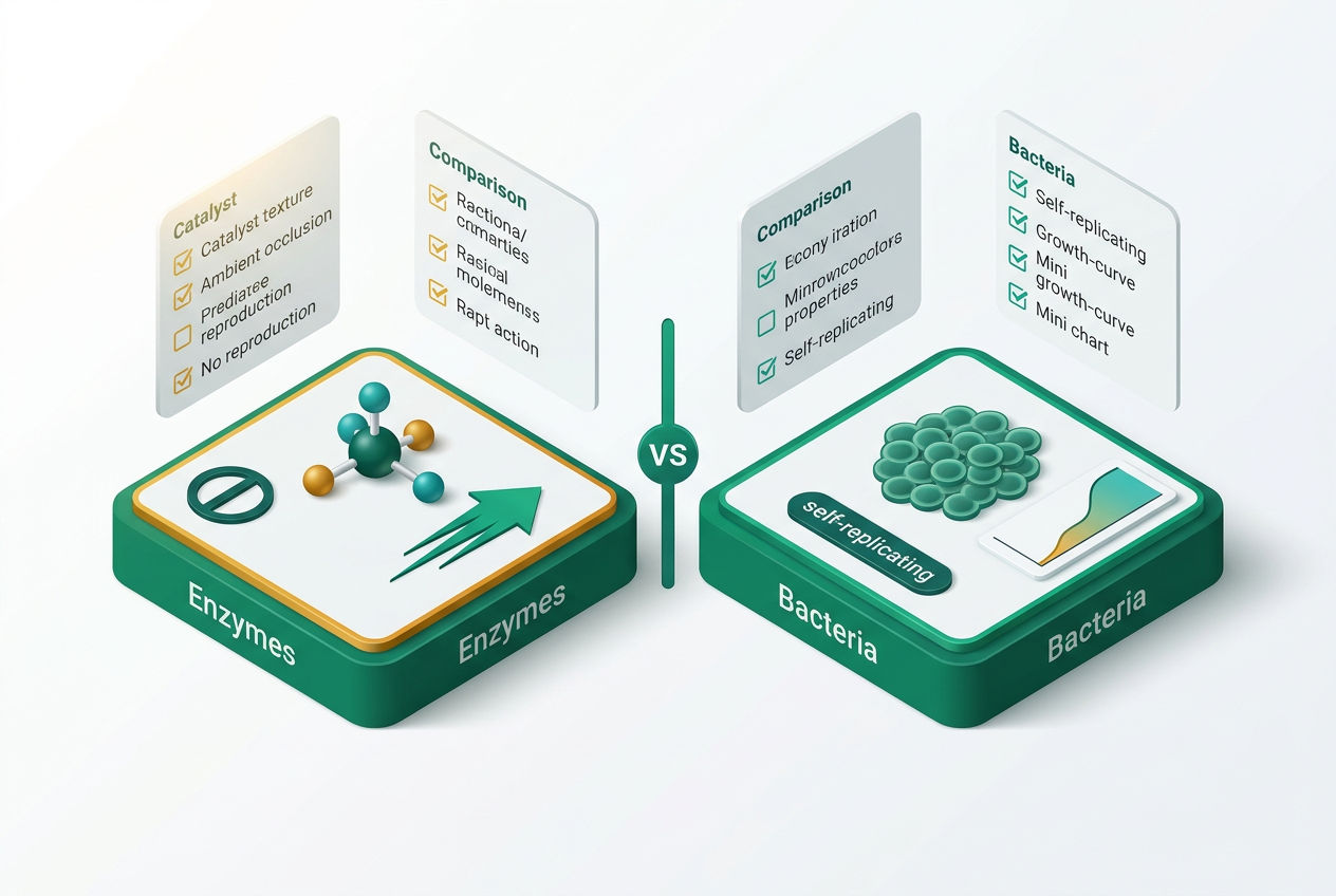 Side-by-side 3D isometric comparison chart showing enzymes as catalysts versus live bacteria colonies reproducing inside a septic tank.