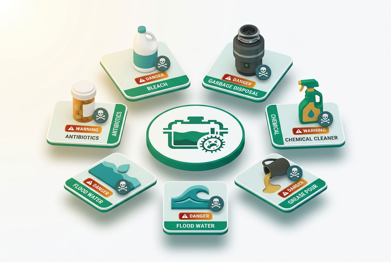 Isometric warning dashboard showing six threats to septic bacteria: antibiotics, bleach, garbage disposal overuse, harsh cleaners, excessive water, an