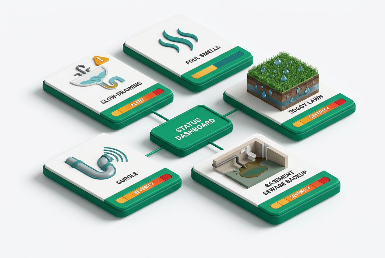 3D isometric diagnostic dashboard with five warning sign panels: slow drains, odors, soggy yard, gurgling pipes, and sewage backup indicators.
