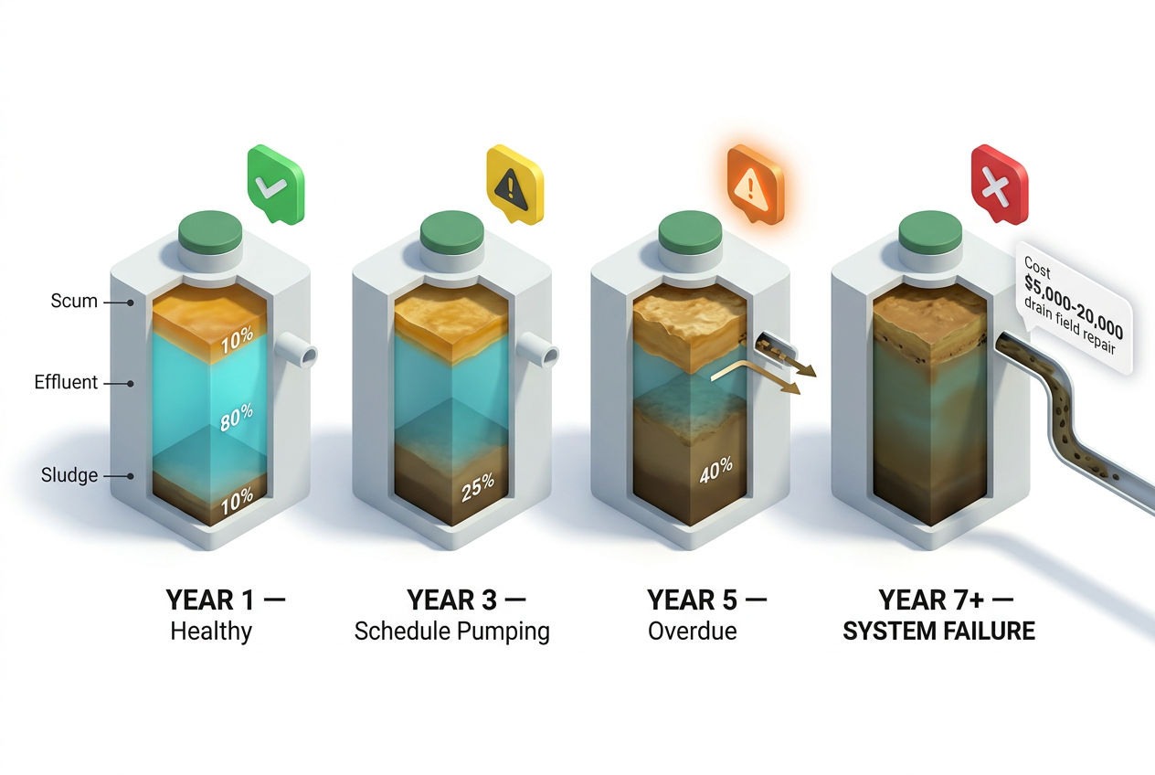 Four-stage 3D diagram showing septic tank filling from healthy to failure over years without pumping