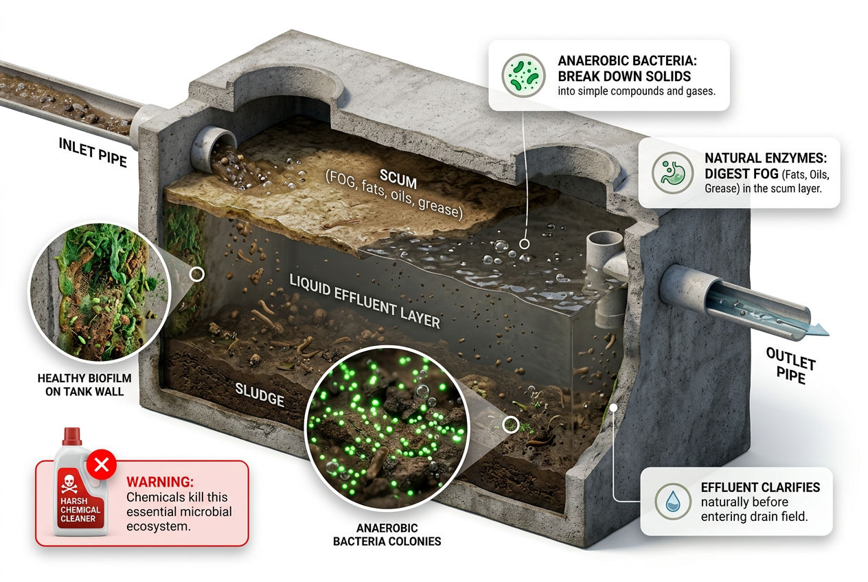 3D cutaway showing natural bacteria ecosystem inside a septic tank with magnified view of anaerobic bacteria colonies