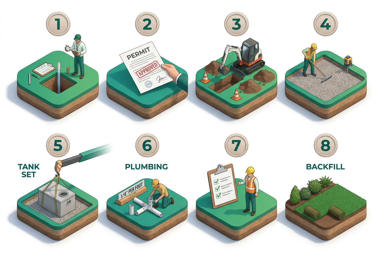 3D storyboard of the eight septic tank installation steps