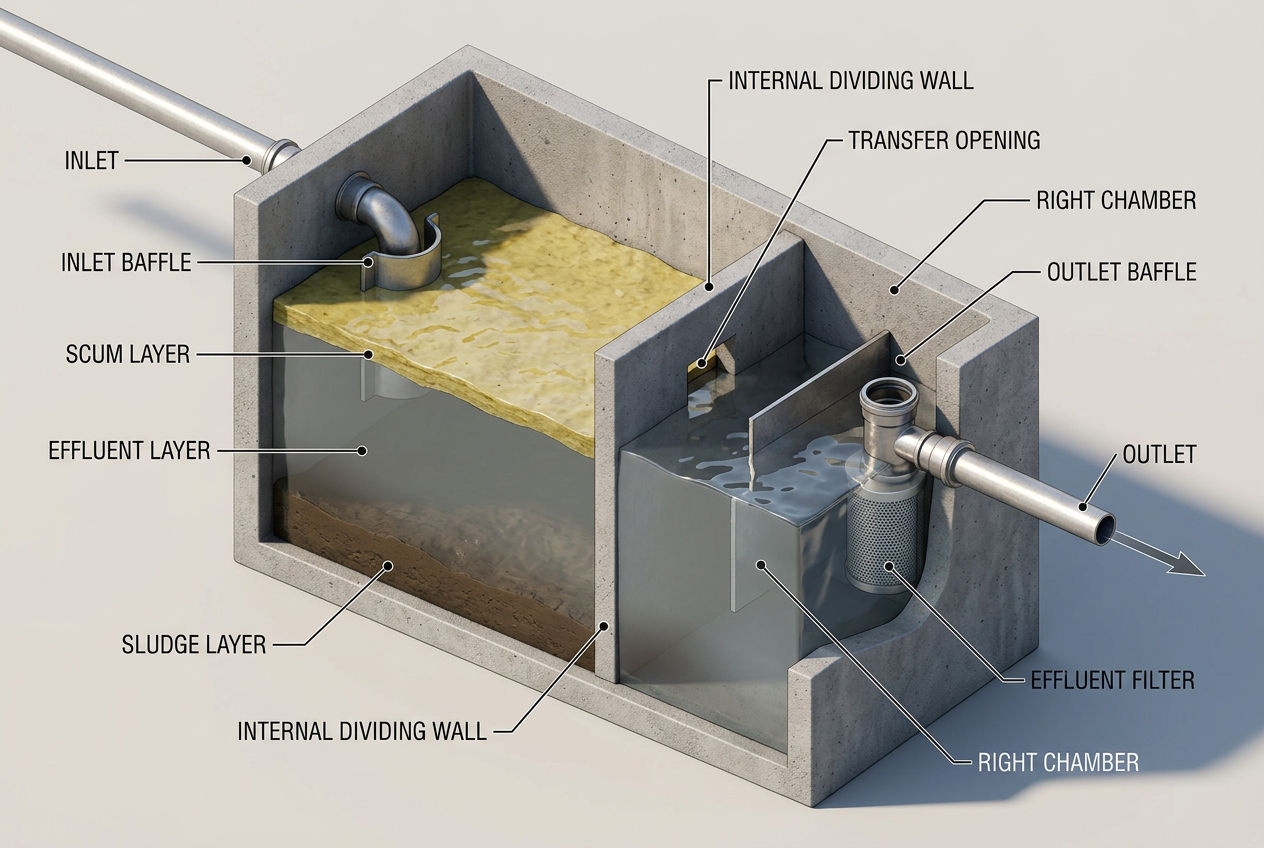 Cutaway diagram of septic tank interior showing inlet outlet baffles scum effluent sludge layers and effluent filter