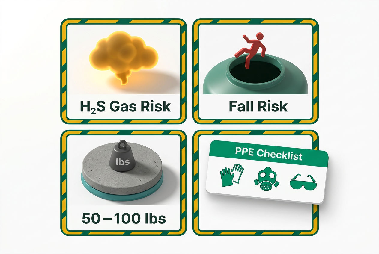 3D isometric safety hazard icons for septic tank lid work: toxic gas, fall risk, heavy weight, and PPE gear checklist.